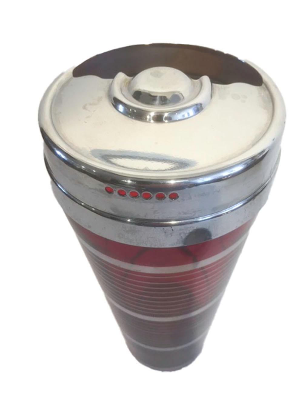 Molded Art Deco Cocktail Shaker, Ruby Red Glass with Silver Bands and Chrome Lid