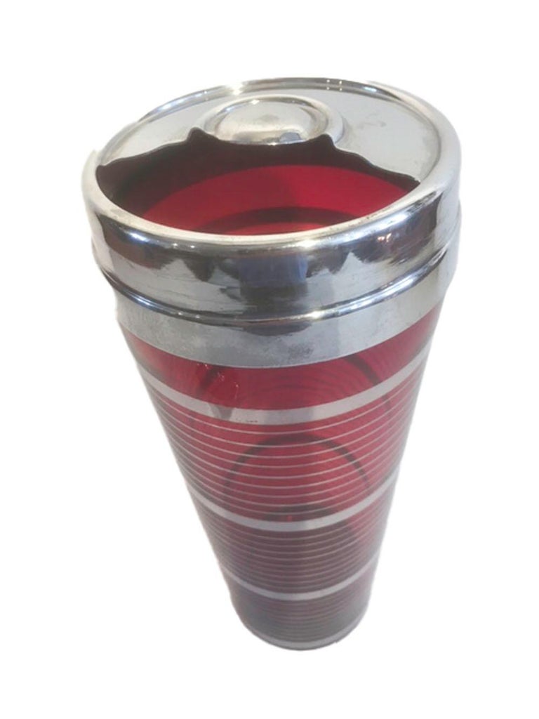 20th Century Art Deco Cocktail Shaker, Ruby Red Glass with Silver Bands and Chrome Lid For Sale