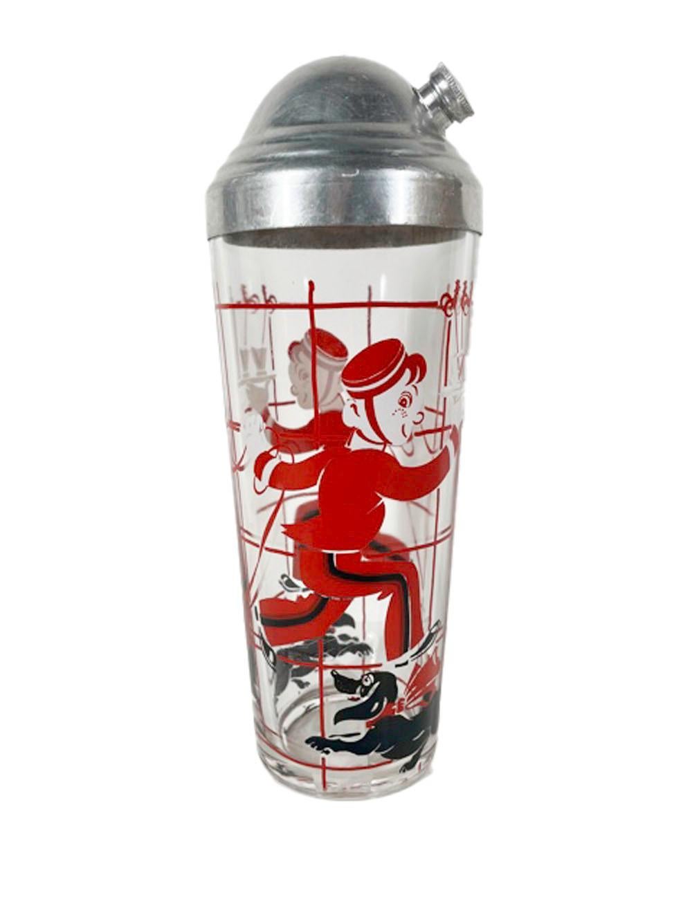 Art Deco cocktail shaker and 6 cocktail glasses decorated in red, white and black enamel on clear glass, with a bellhop carrying a serving tray with cocktails while walking a dachshund on a leash.