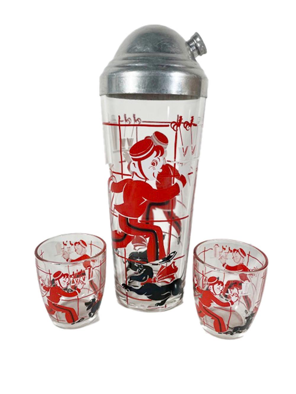 20th Century Art Deco Cocktail Shaker Set, Bellhop Walking a Dachshund and Carrying Cocktails
