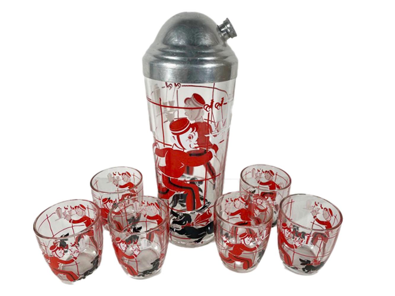 Glass Art Deco Cocktail Shaker Set, Bellhop Walking a Dachshund and Carrying Cocktails