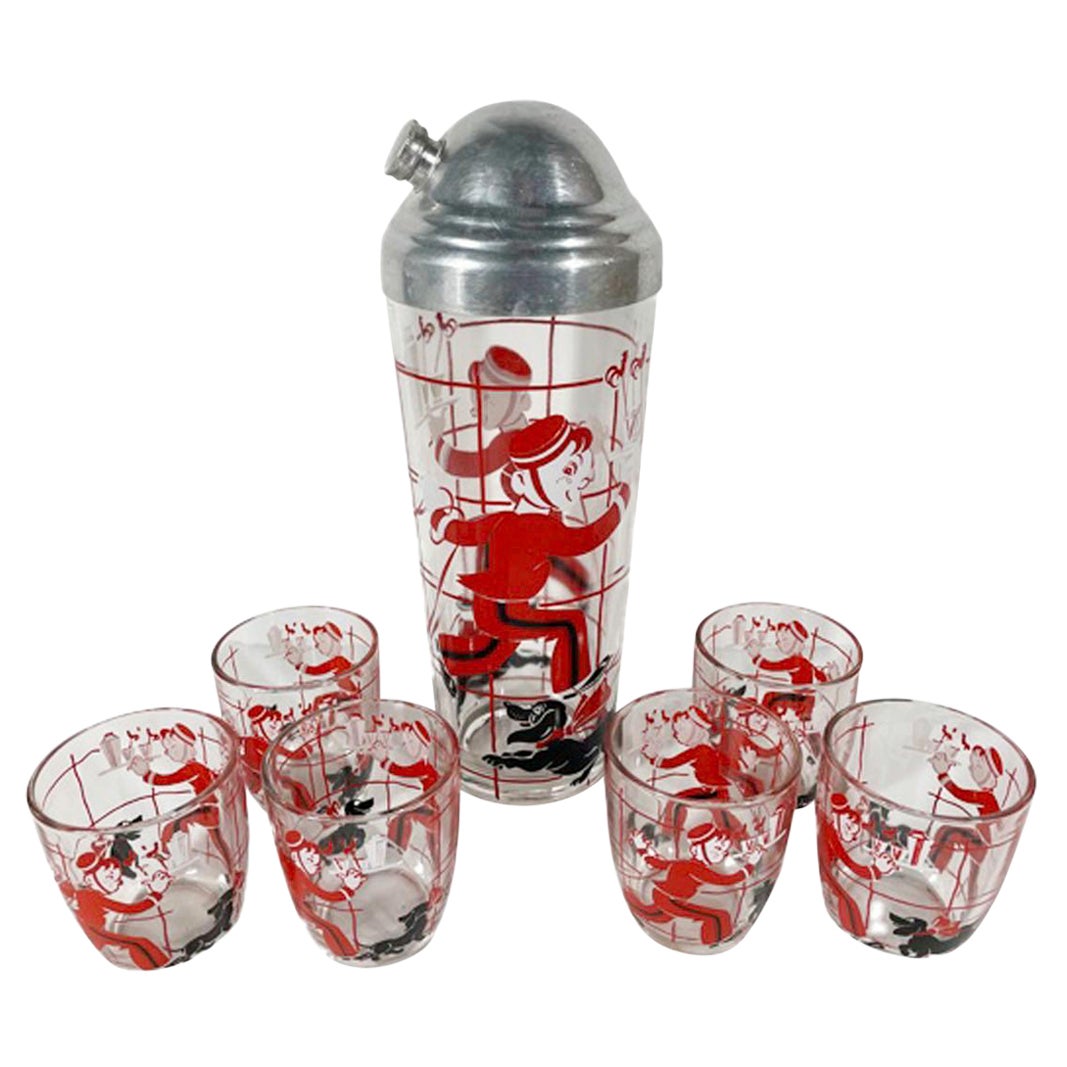 Art Deco Cocktail Shaker Set, Bellhop Walking a Dachshund and Carrying Cocktails