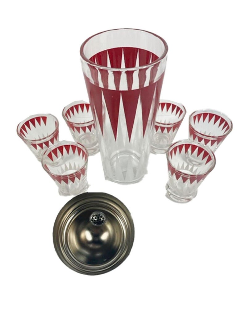 Art Deco Cocktail Shaker Set w/Geometric Red and White Arrow Design For