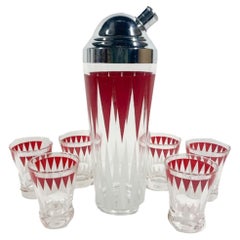 Vintage Art Deco Cocktail Shaker Set w/Geometric Red and White Arrow Design