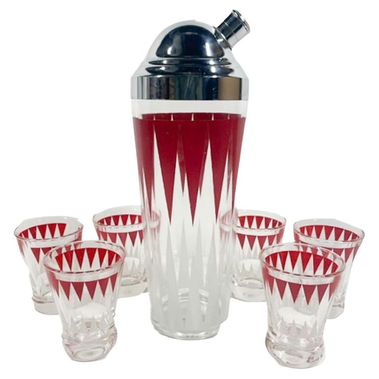 Art Deco Cocktail Shaker Set With 12 Martini Glasses in Blue Frost and  White Enameled Daisies 1940s. 