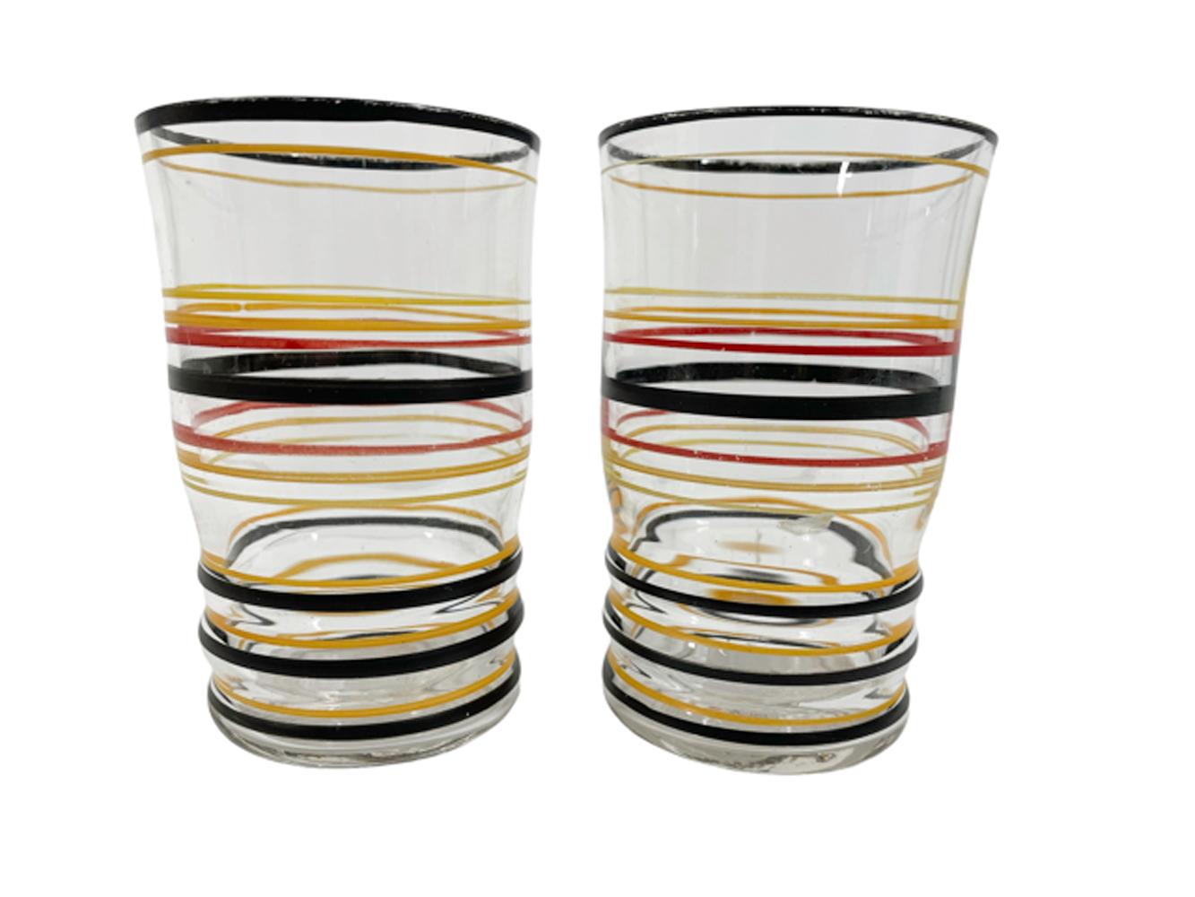 American Art Deco Cocktail Shaker Set with Hand Painted Black, Red, Orange & Yellow Bands For Sale
