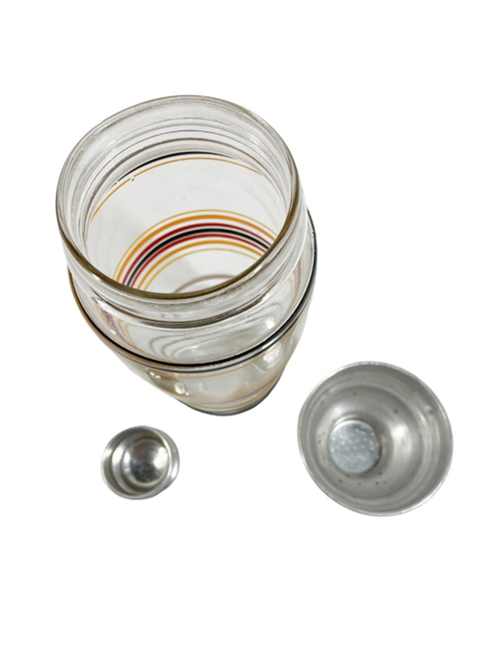 Aluminum Art Deco Cocktail Shaker Set with Hand Painted Black, Red, Orange & Yellow Bands For Sale