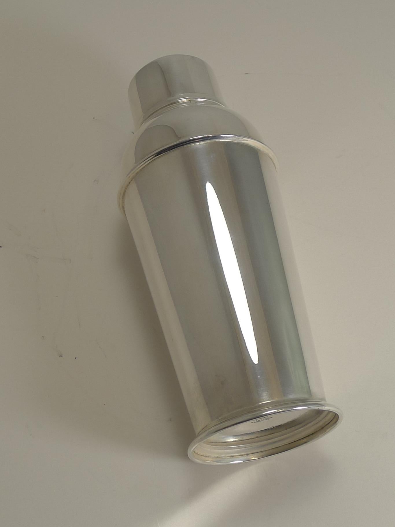 A fabulous Art Deco cocktail shaker made from silver plate and signed on the underside Brufords of Exeter, a silversmith's in the West Country that survived 115 years in business.

This example has a removable strainer, used once the ingredients