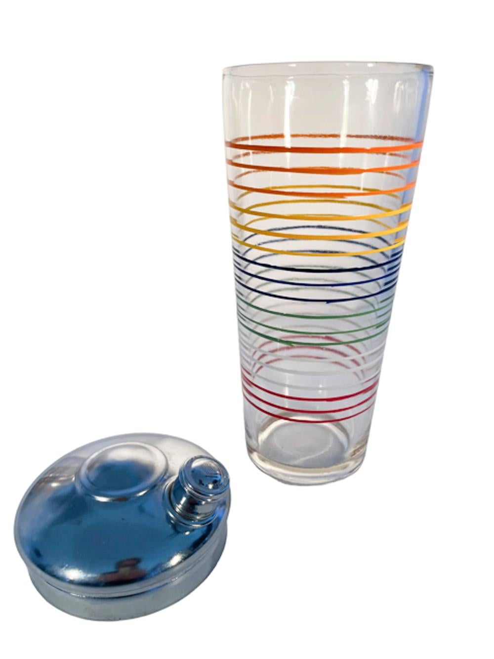 Américain Shaker à cocktail Art Déco avec bandes de lignes aux couleurs vives sur verre transparent en vente