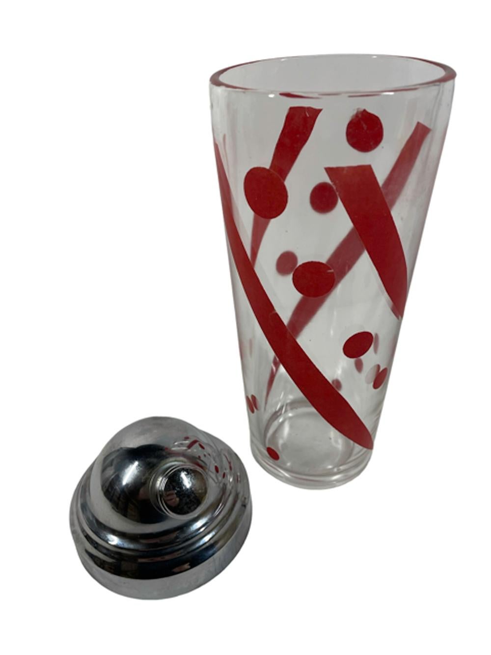 American Art Deco Cocktail Shaker w/Red Geometric Design on Clear Glass & Chrome Lid For Sale