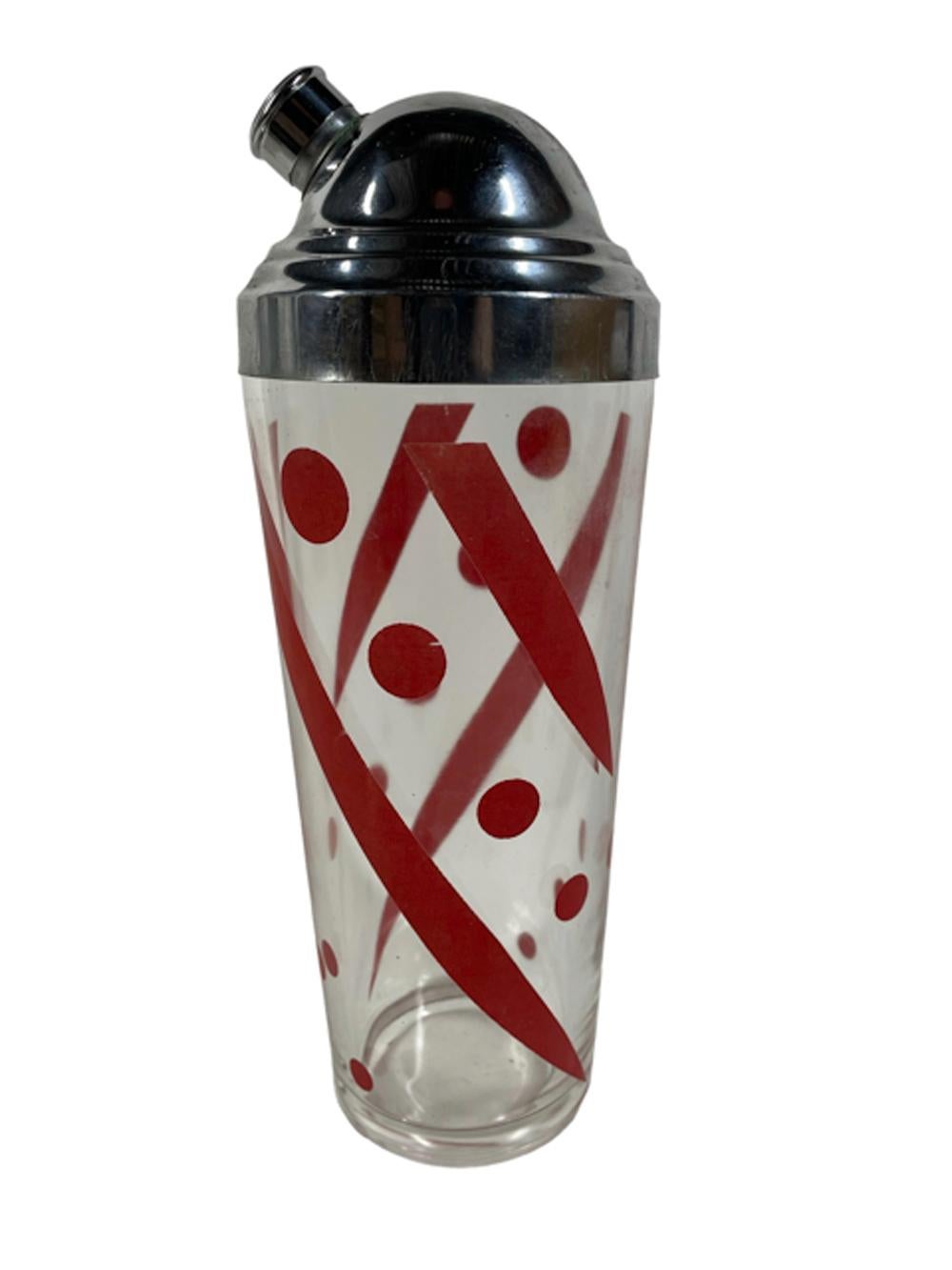 20th Century Art Deco Cocktail Shaker w/Red Geometric Design on Clear Glass & Chrome Lid For Sale