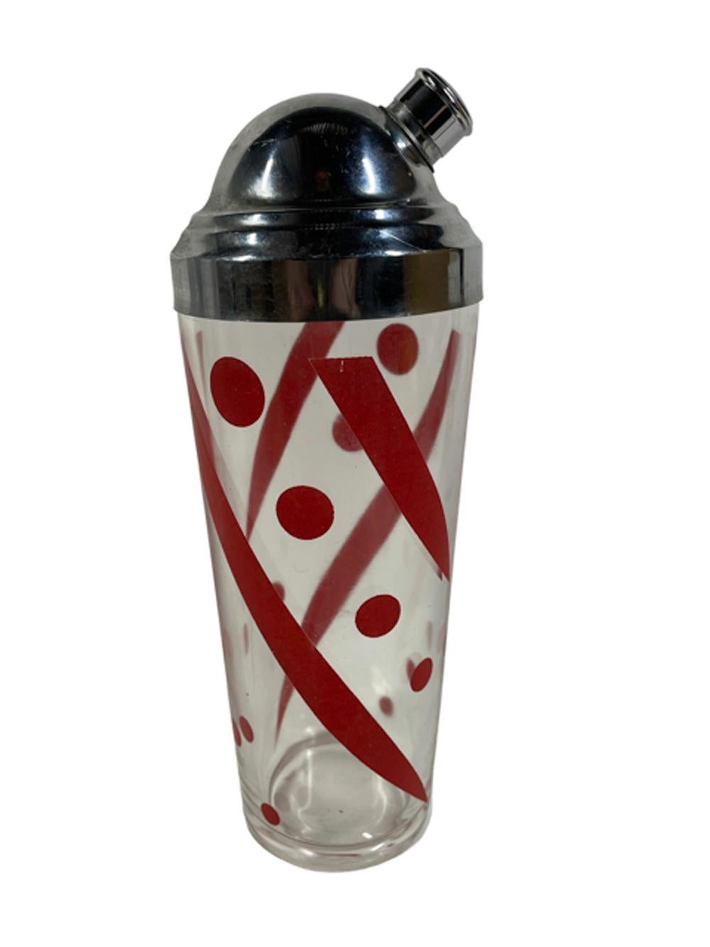 Art Deco Cocktail Shaker w/Red Geometric Design on Clear Glass & Chrome Lid For Sale 1
