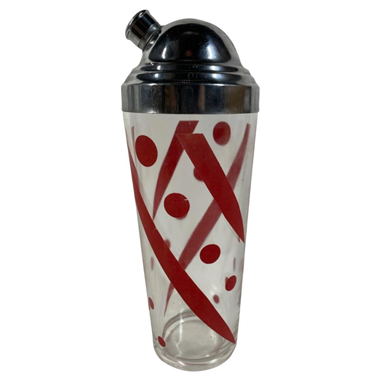 Art Deco Cocktail Shaker w/Red Geometric Design on Clear Glass & Chrome Lid For Sale