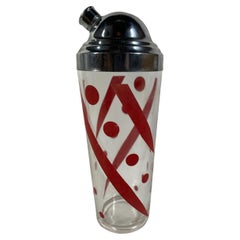 Art Deco Cocktail Shaker w/Red Geometric Design on Clear Glass & Chrome Lid