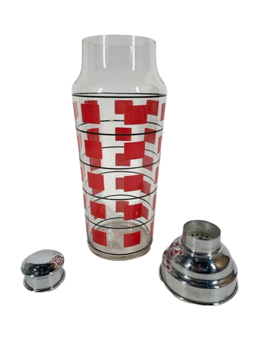 American Art Deco Cocktail Shaker with Bands of Red Squares Between Black Lines For Sale