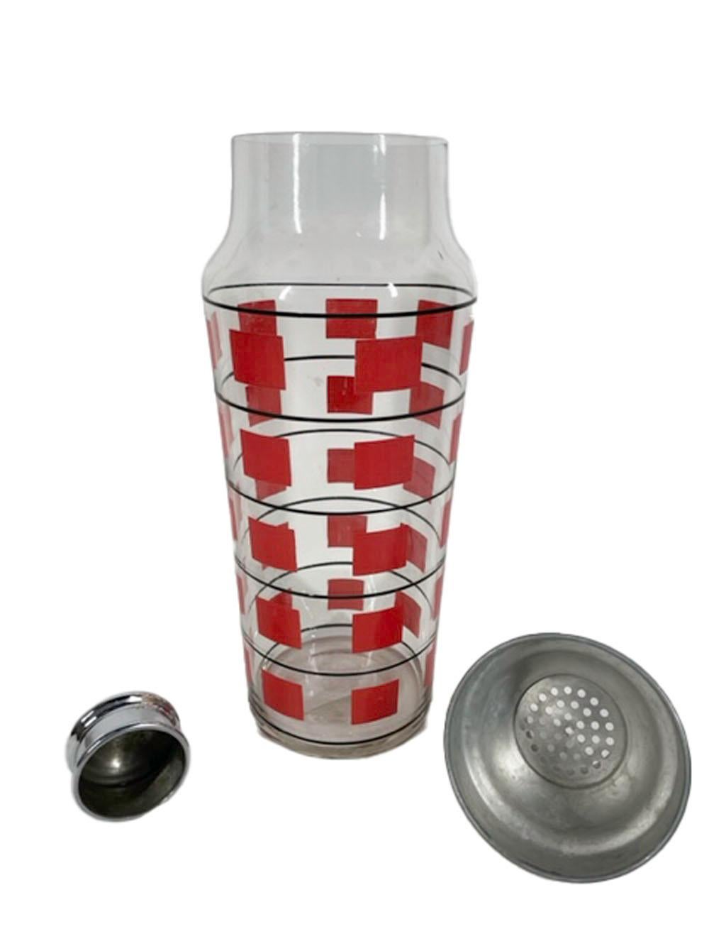 Art Deco Cocktail Shaker with Bands of Red Squares Between Black Lines In Good Condition For Sale In Nantucket, MA