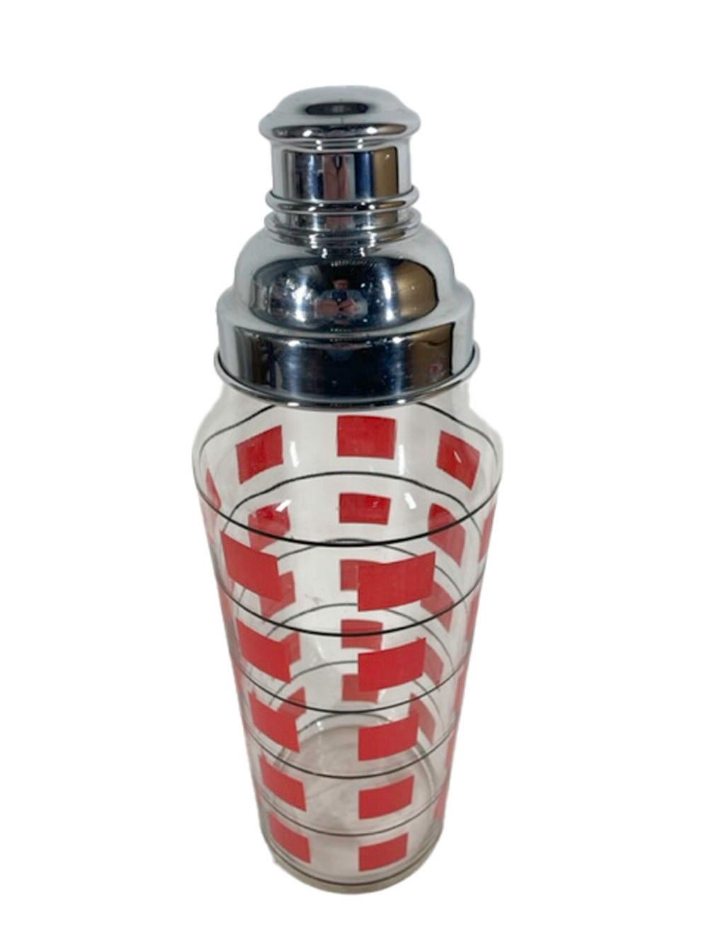 Glass Art Deco Cocktail Shaker with Bands of Red Squares Between Black Lines For Sale