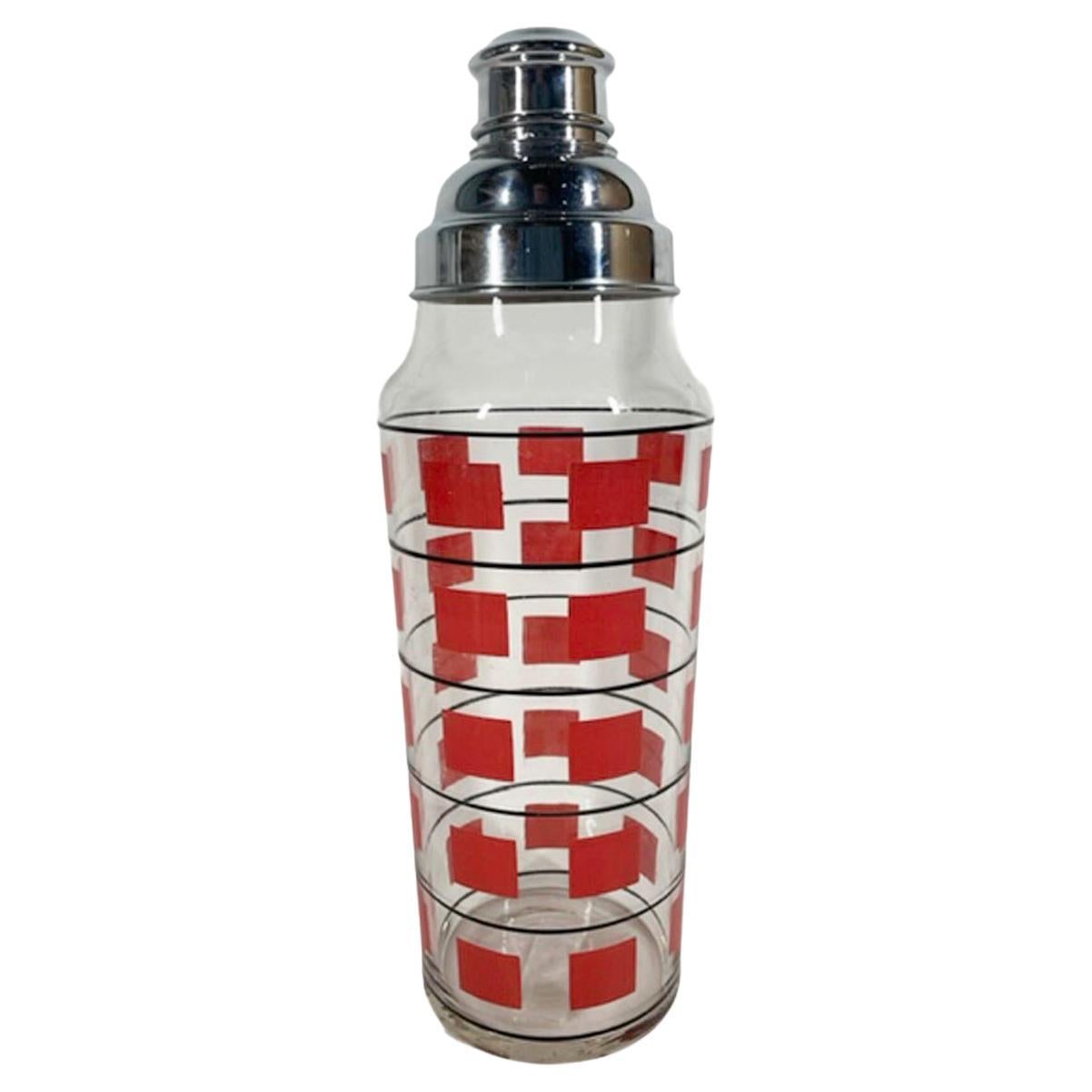 Art Deco Cocktail Shaker with Bands of Red Squares Between Black Lines