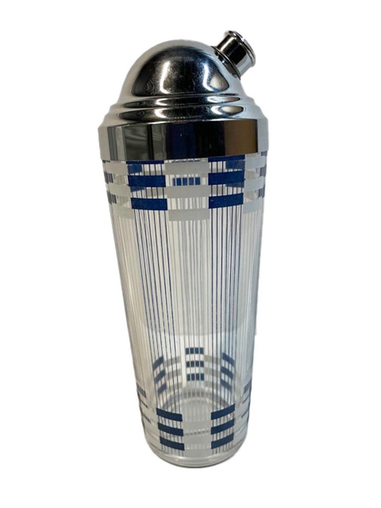20th Century Art Deco Cocktail Shaker with Blue and White Bands and Stripes For Sale