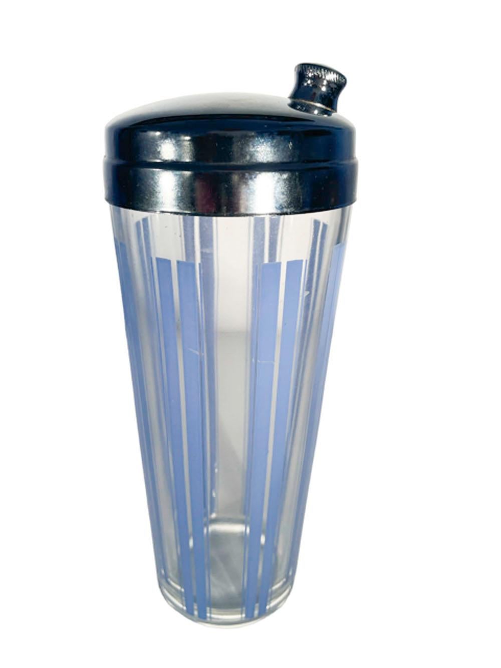 Art Deco cocktail shaker with pairs of wide blue enamel vertical lines between pairs of narrow lines, the Shaker with a chrome lid with off center pour spout.