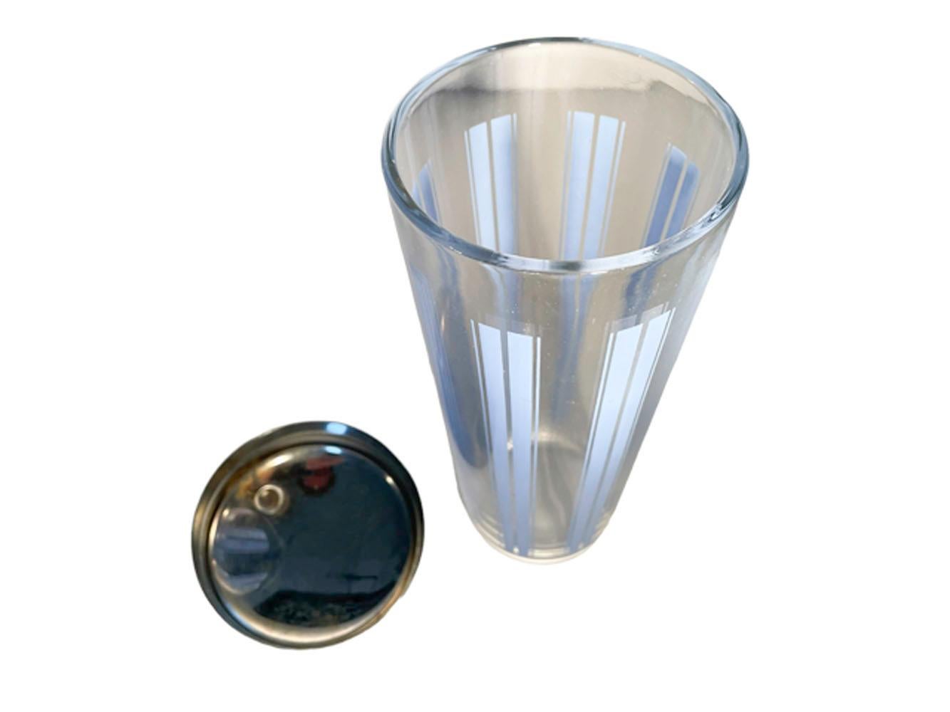 American Art Deco Cocktail Shaker with Blue Enamel Vertical Lines & Chrome Lid For Sale