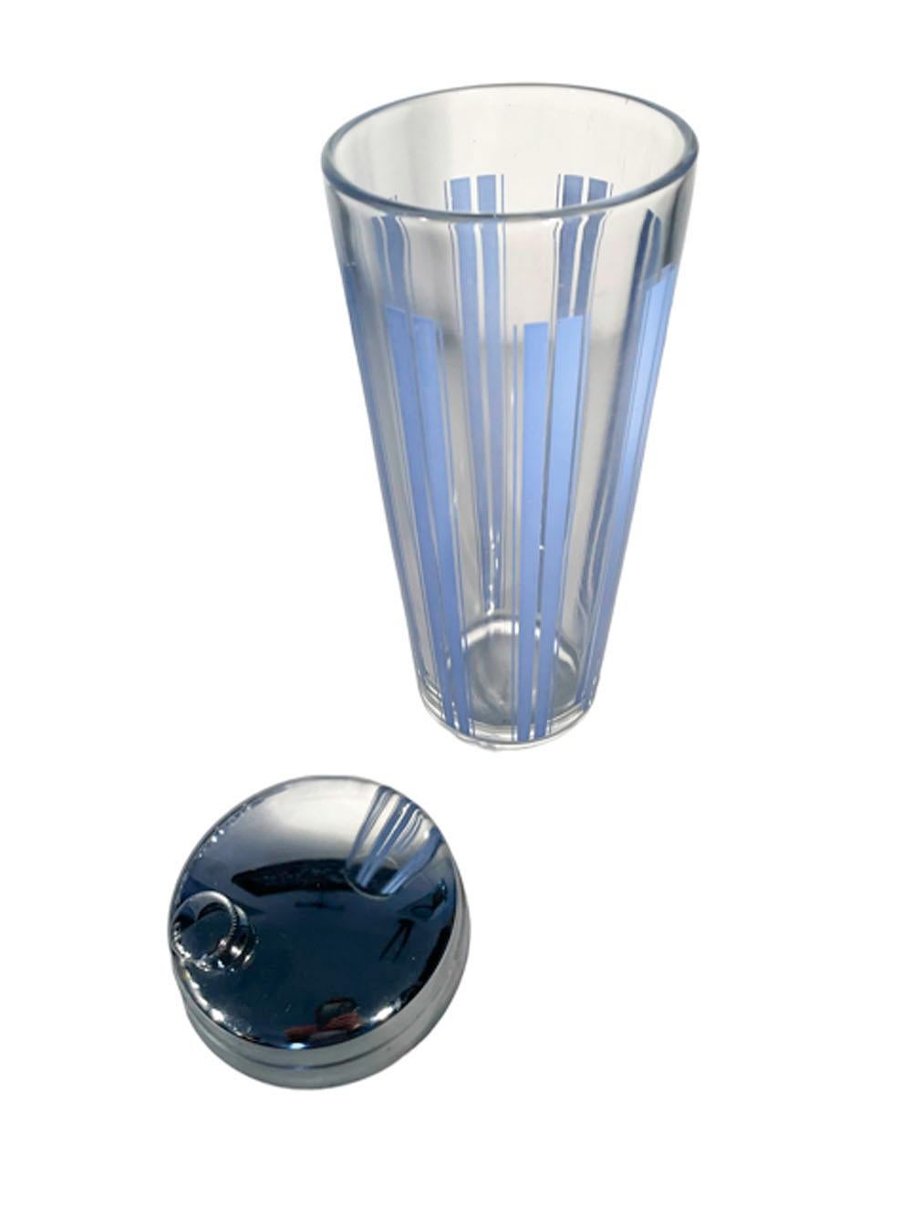 20th Century Art Deco Cocktail Shaker with Blue Enamel Vertical Lines & Chrome Lid For Sale