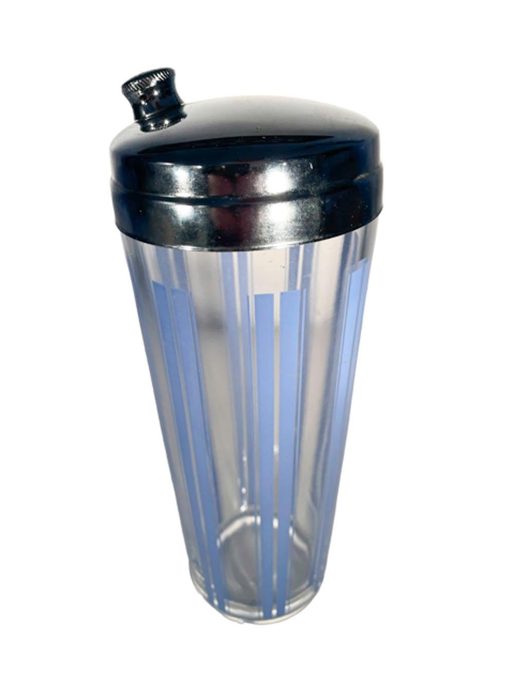 Glass Art Deco Cocktail Shaker with Blue Enamel Vertical Lines & Chrome Lid For Sale