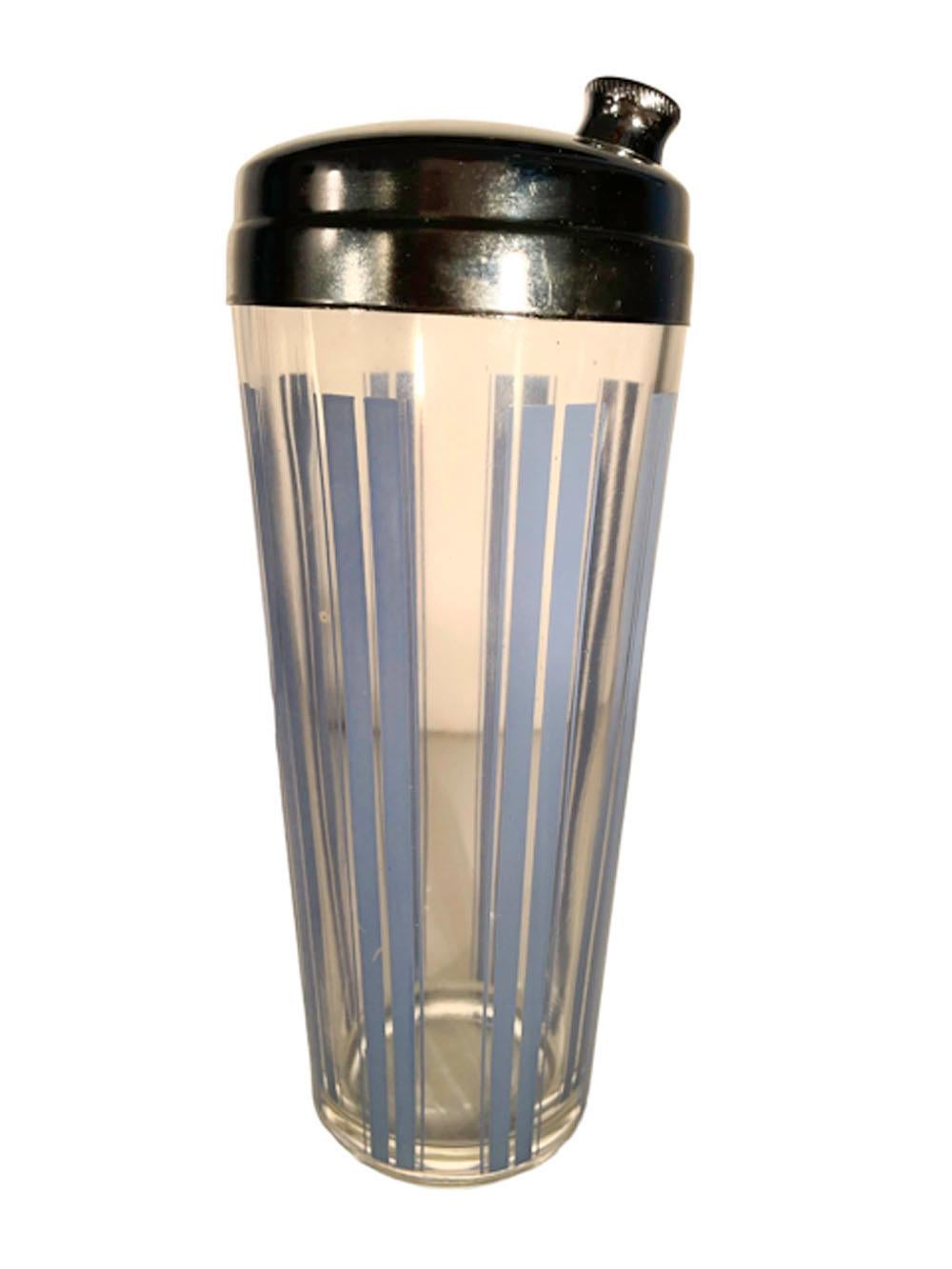 Art Deco Cocktail Shaker with Blue Enamel Vertical Lines & Chrome Lid For Sale 1