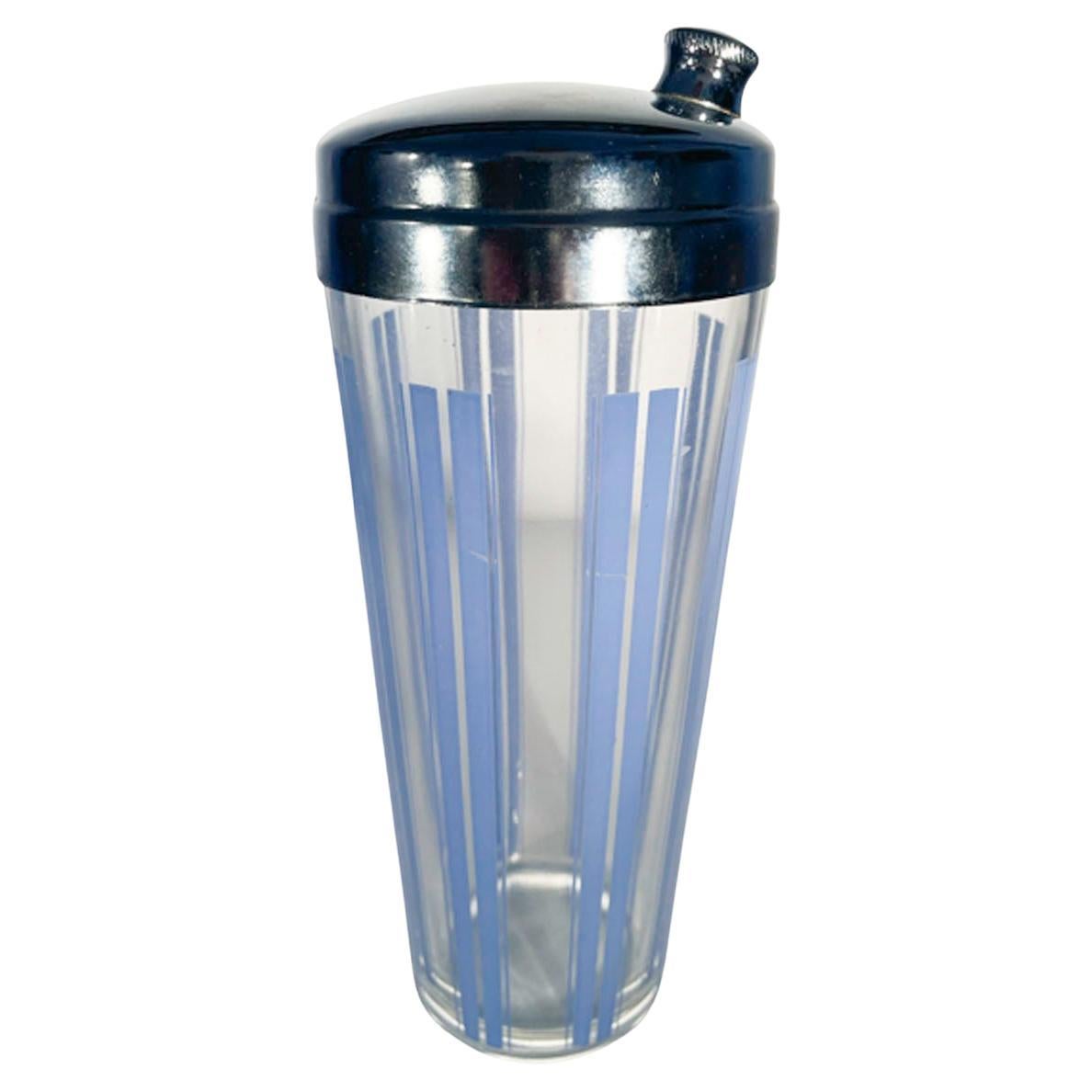 Art Deco Cocktail Shaker with Blue Enamel Vertical Lines & Chrome Lid For Sale