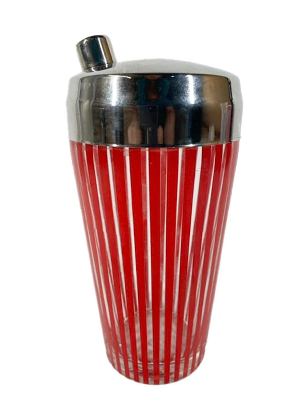 American Art Deco Cocktail Shaker with Chrome Lid, Decorated with Vertical Red Stripes