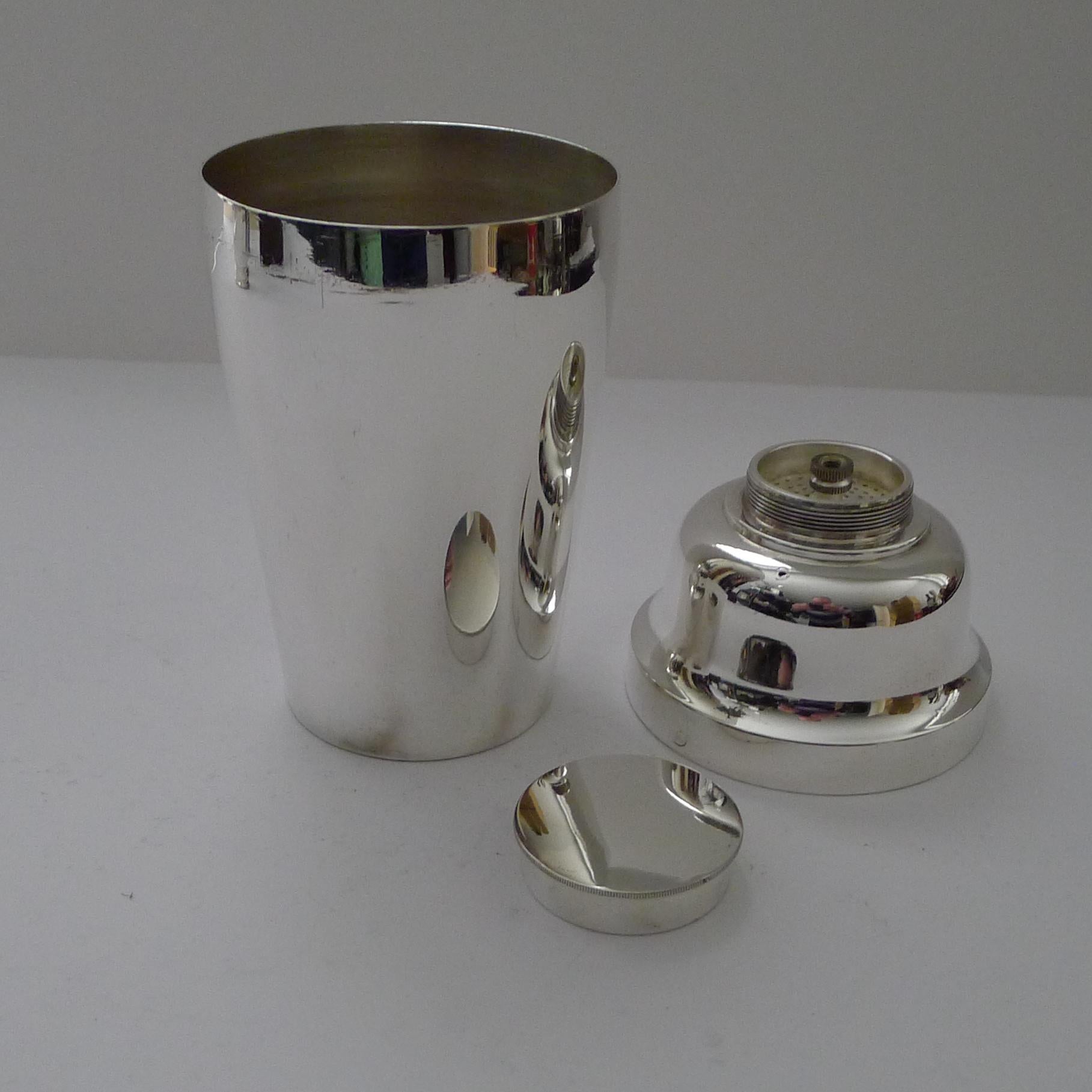 Silver Plate Art Deco Cocktail Shaker with Ice Breaker by Walker and Hall, 1928 For Sale