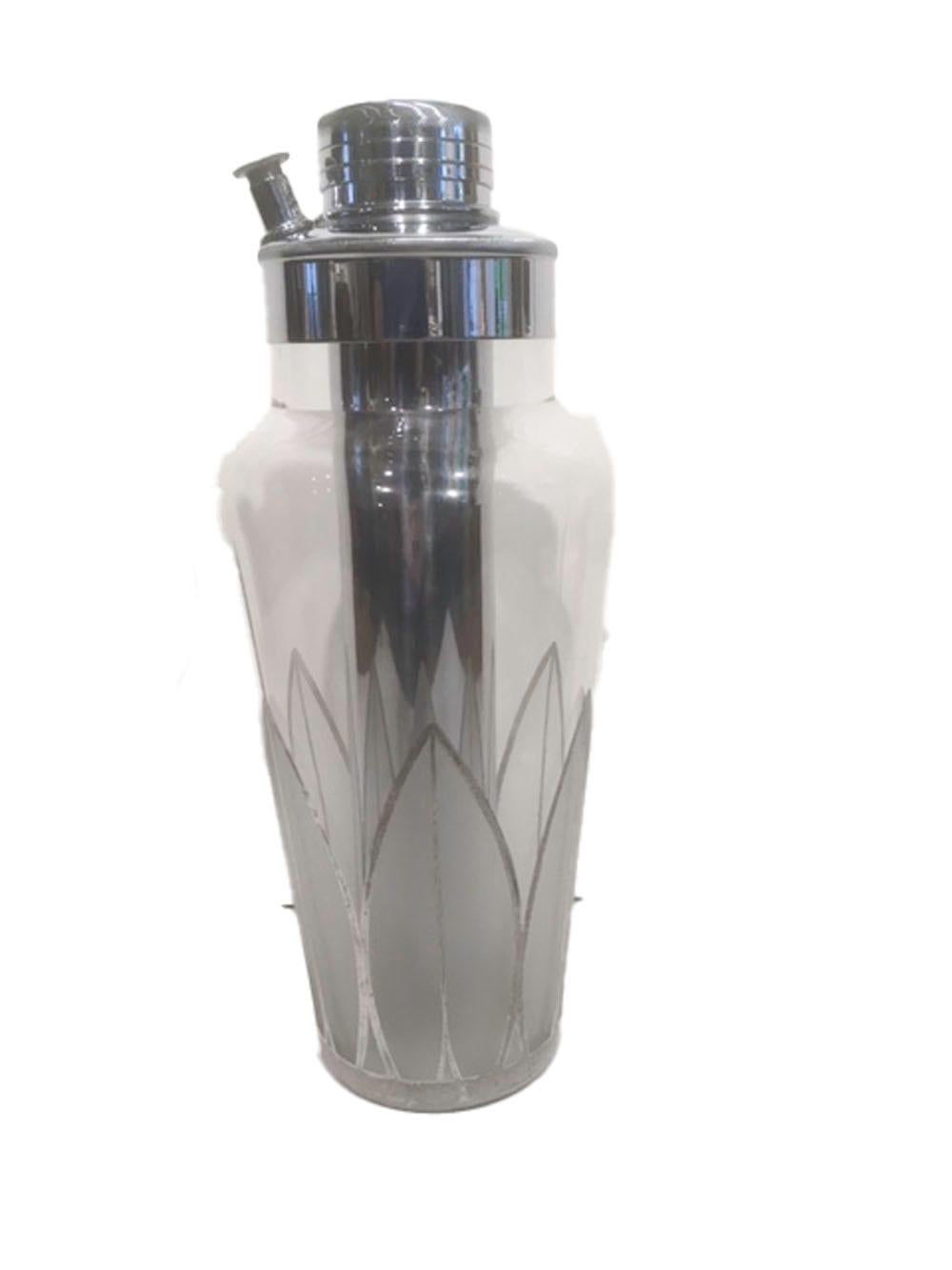 American Art Deco Cocktail Shaker with Silver Overlay and Frosted Palmette Design