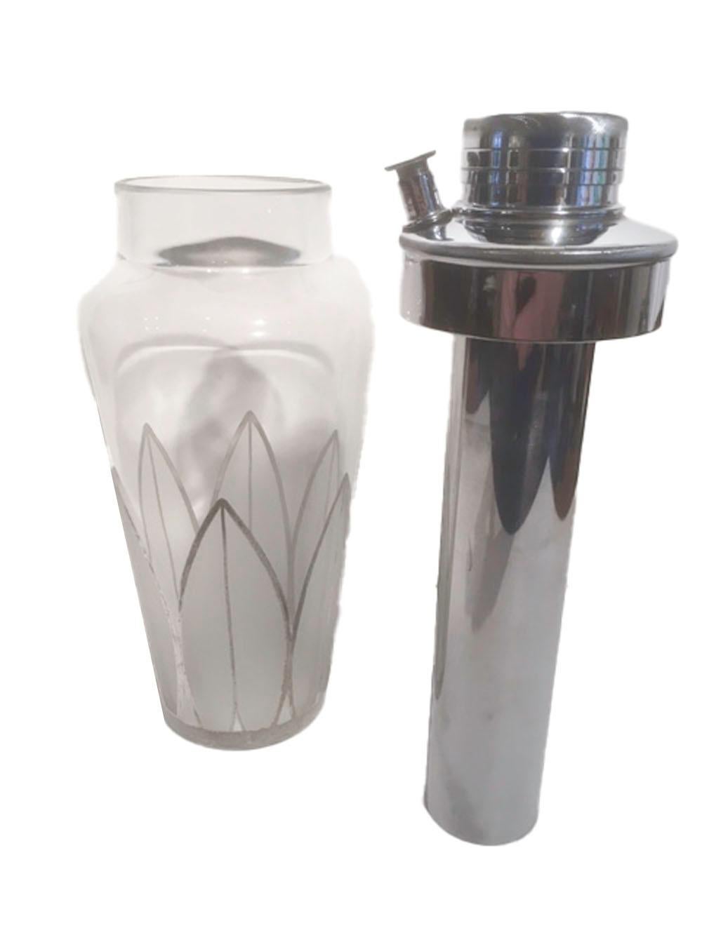 Enameled Art Deco Cocktail Shaker with Silver Overlay and Frosted Palmette Design