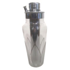 Antique Art Deco Cocktail Shaker with Silver Overlay and Frosted Palmette Design