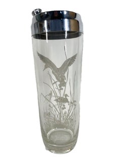 Art Deco Cocktail Shaker with Silver Overlay Ducks in Reeds on Clear Glass