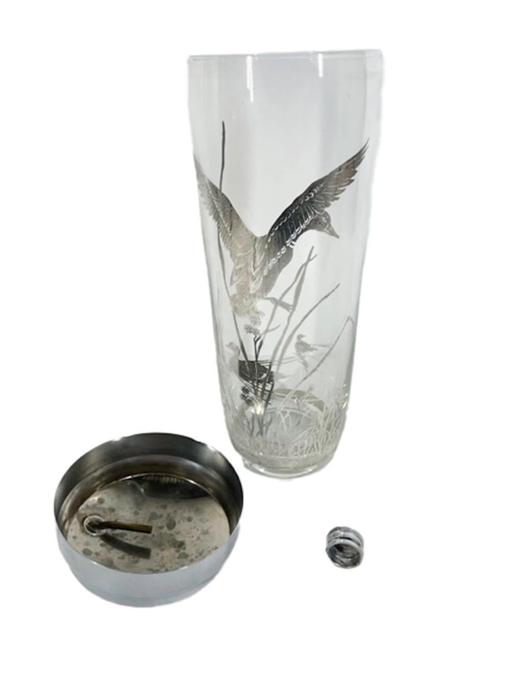 American Art Deco Cocktail Shaker with Silver Overlay Ducks in Reeds on Clear Glass