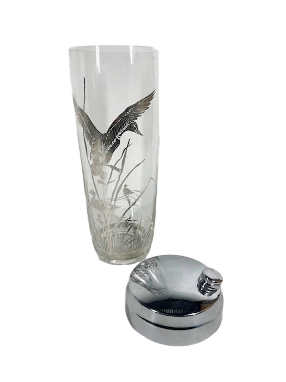 20th Century Art Deco Cocktail Shaker with Silver Overlay Ducks in Reeds on Clear Glass