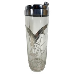Art Deco Cocktail Shaker with Silver Overlay Ducks in Reeds on Clear Glass