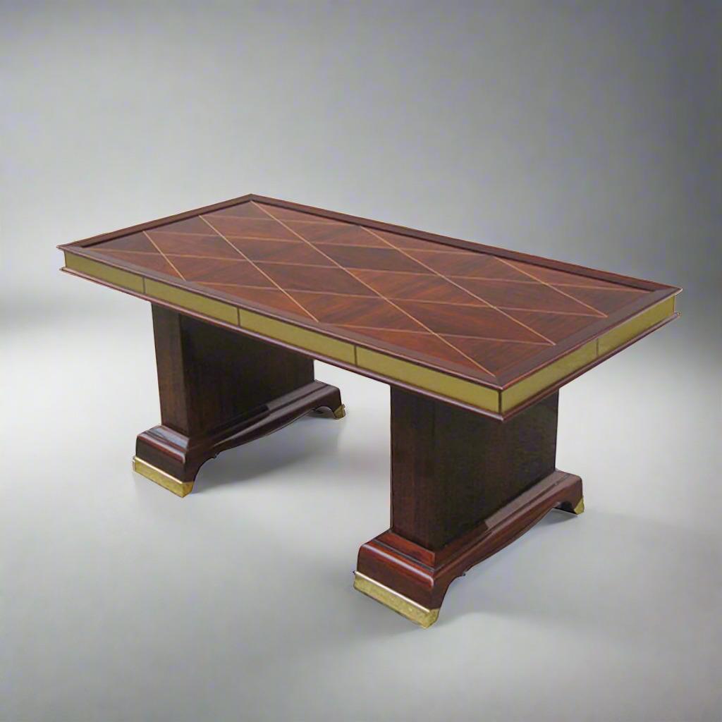 A fine Art Deco cocktail table designed by Jean Desnos. Marquetry patterned top. Table border surrounded by eglomise glass panels and patinated bronze sabots.