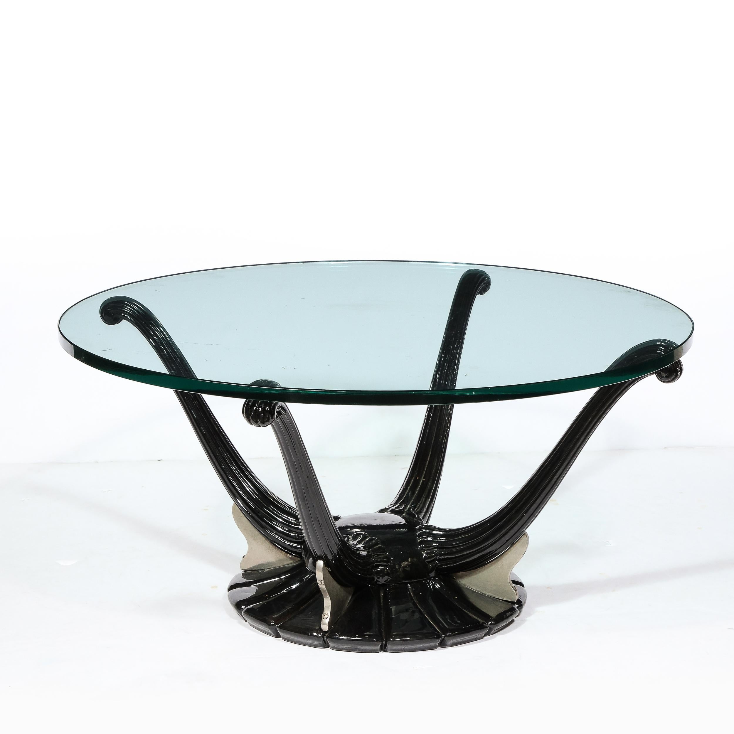 Art Deco Cocktail Table with Fluted Black Lacquer Supports and Glass Top For Sale 3
