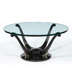 Art Deco Cocktail Table with Fluted Black Lacquer Supports and Glass Top
