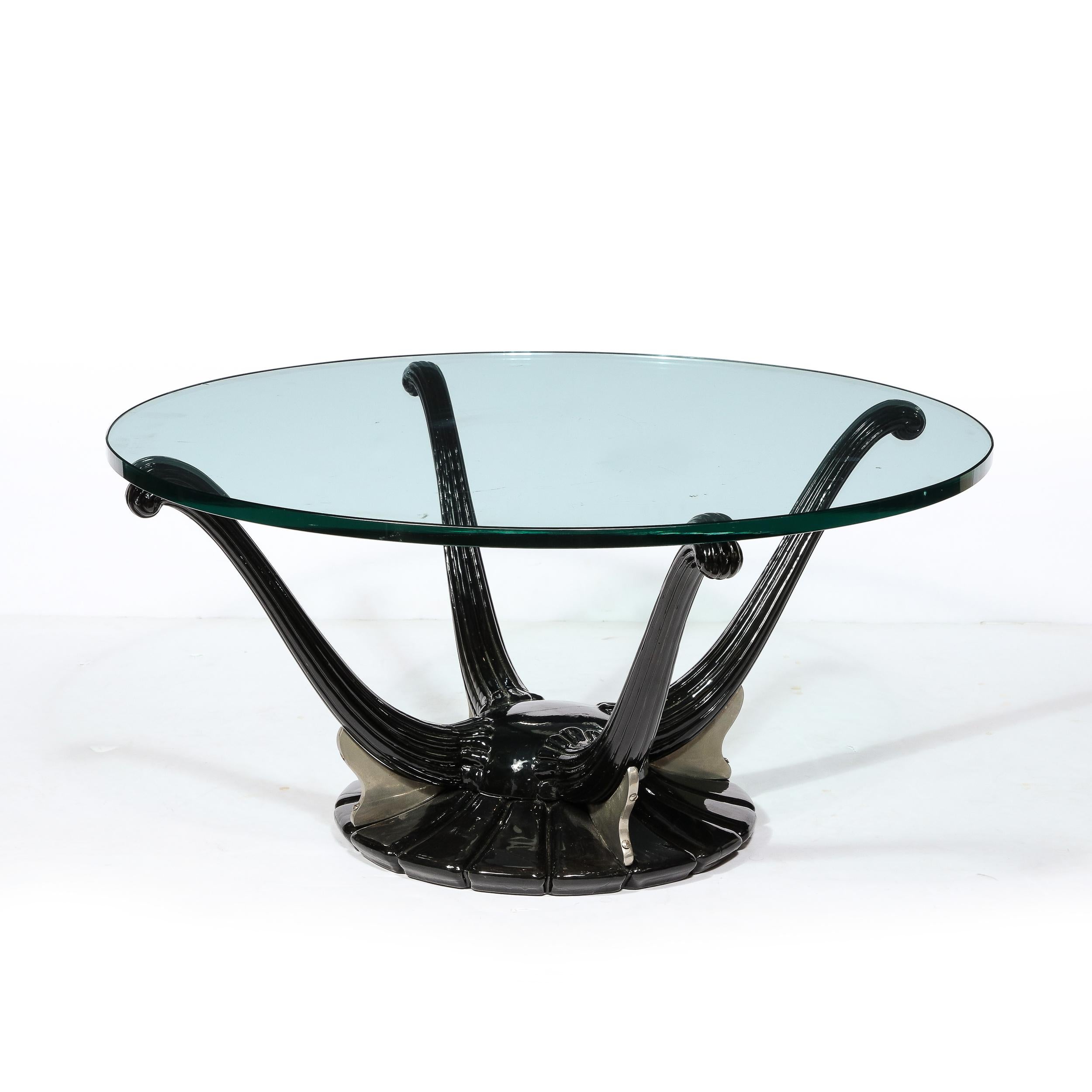 American Art Deco Cocktail Table with Fluted Black Lacquer Supports and Glass Top For Sale