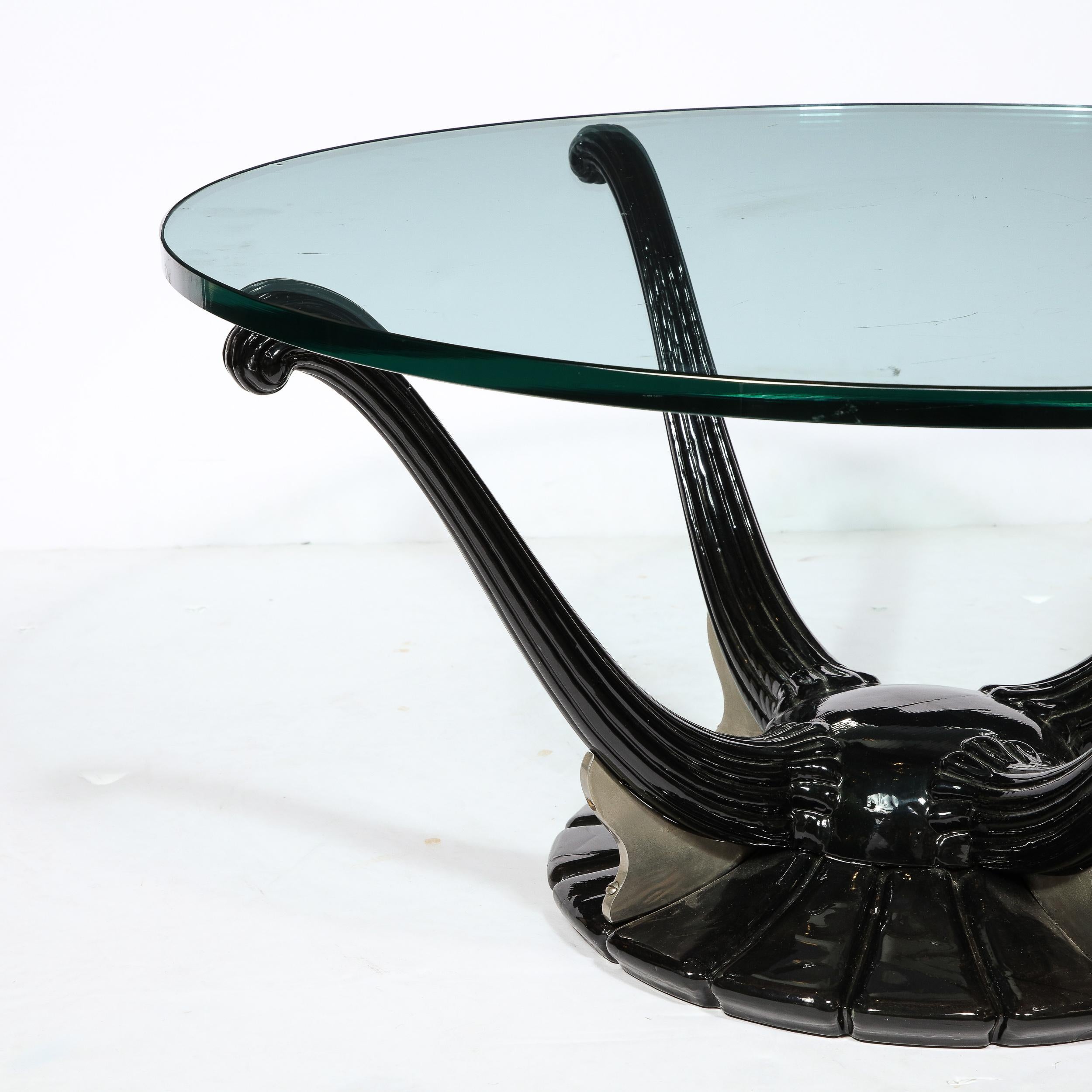 Art Deco Cocktail Table with Fluted Black Lacquer Supports and Glass Top In Excellent Condition For Sale In New York, NY