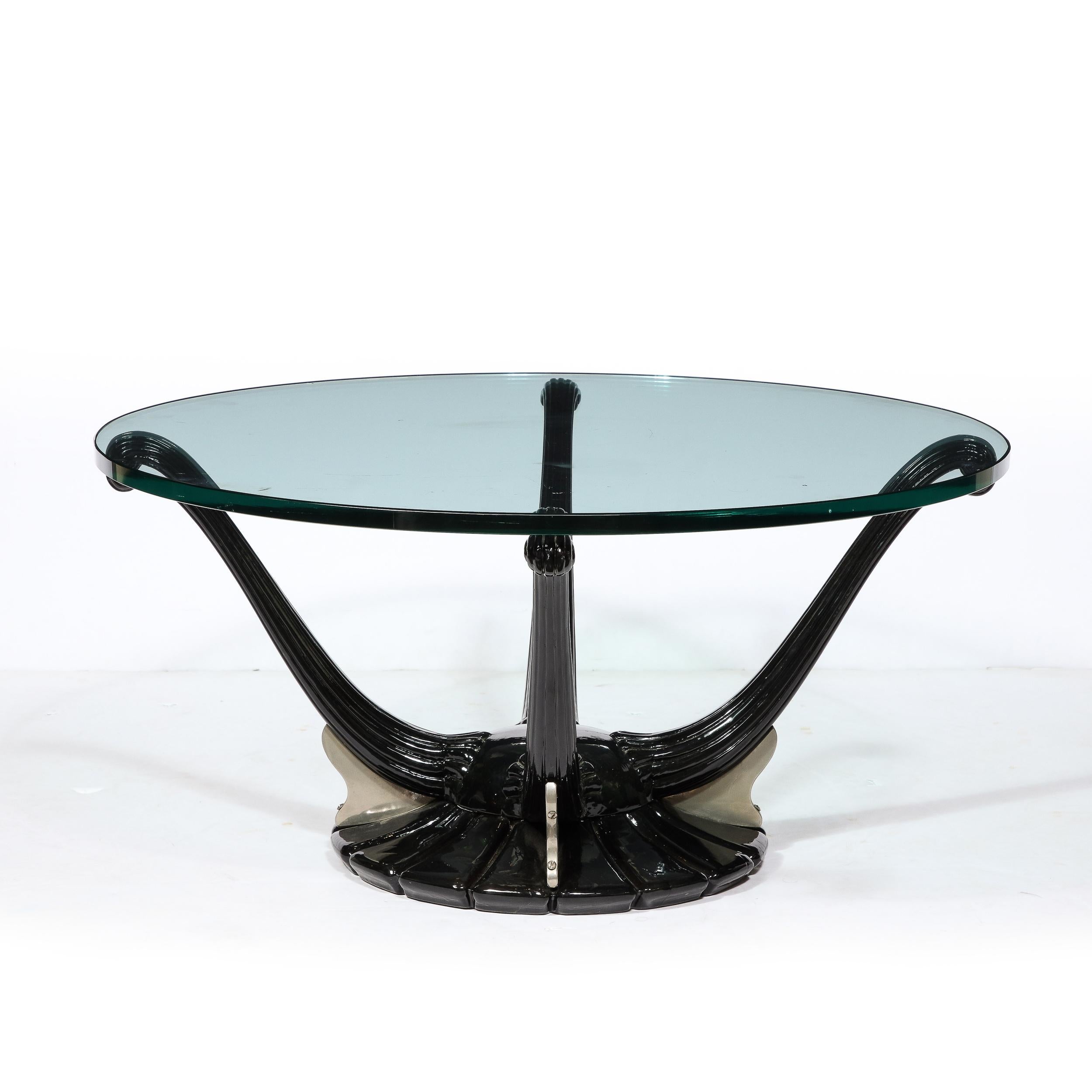 Aluminum Art Deco Cocktail Table with Fluted Black Lacquer Supports and Glass Top For Sale