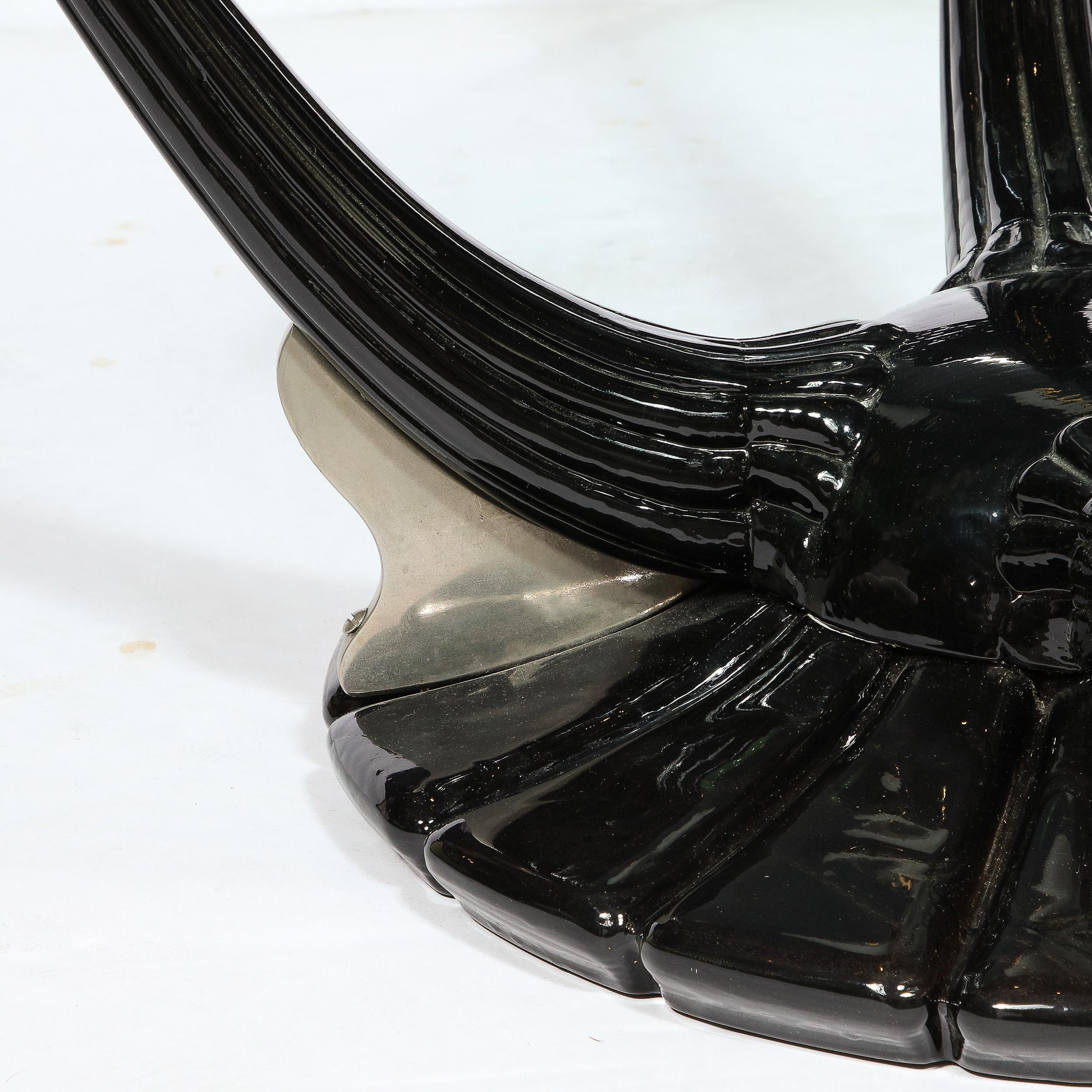 Art Deco Cocktail Table with Fluted Black Lacquer Supports and Glass Top For Sale 1