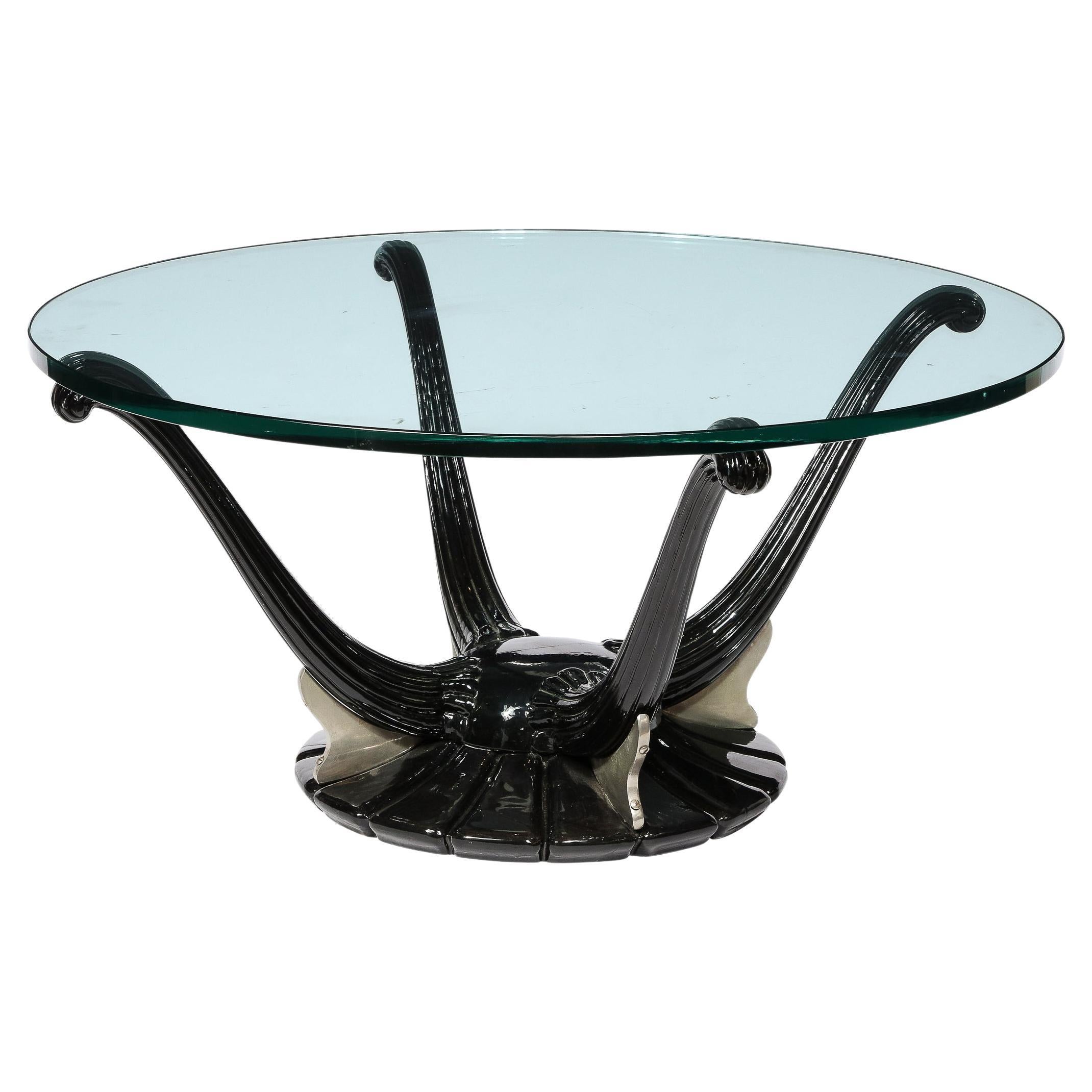 Table à cocktail Art Déco avec supports en laque noire cannelée et plateau en verre