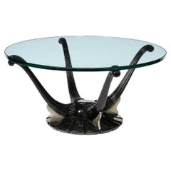 Art Deco Cocktail Table with Fluted Black Lacquer Supports and Glass Top
