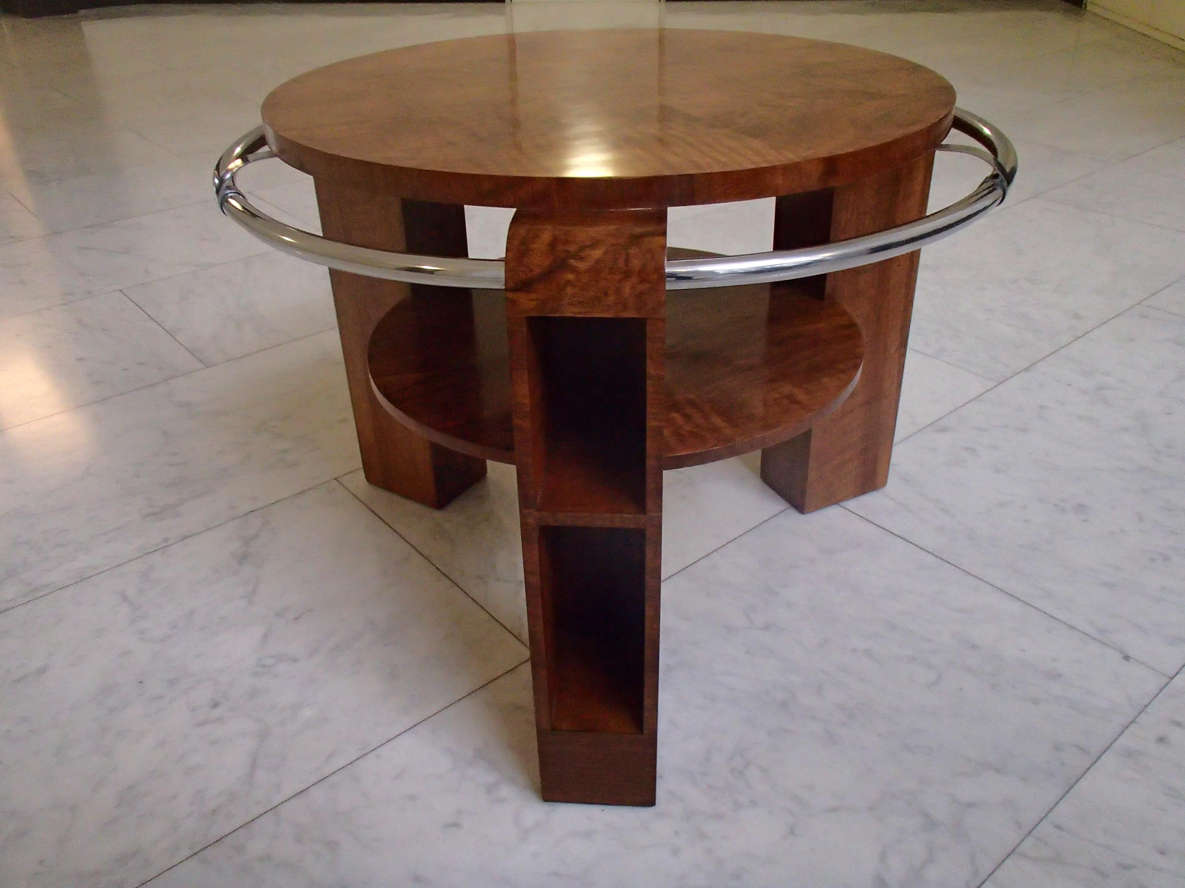 Art Deco Coffee or Sofa Table Walnut with Chrome Ring and Shelf's in the Legs 4