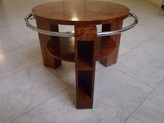 Art Deco Coffee or Sofa Table Walnut with Chrome Ring and Shelf's in the Legs