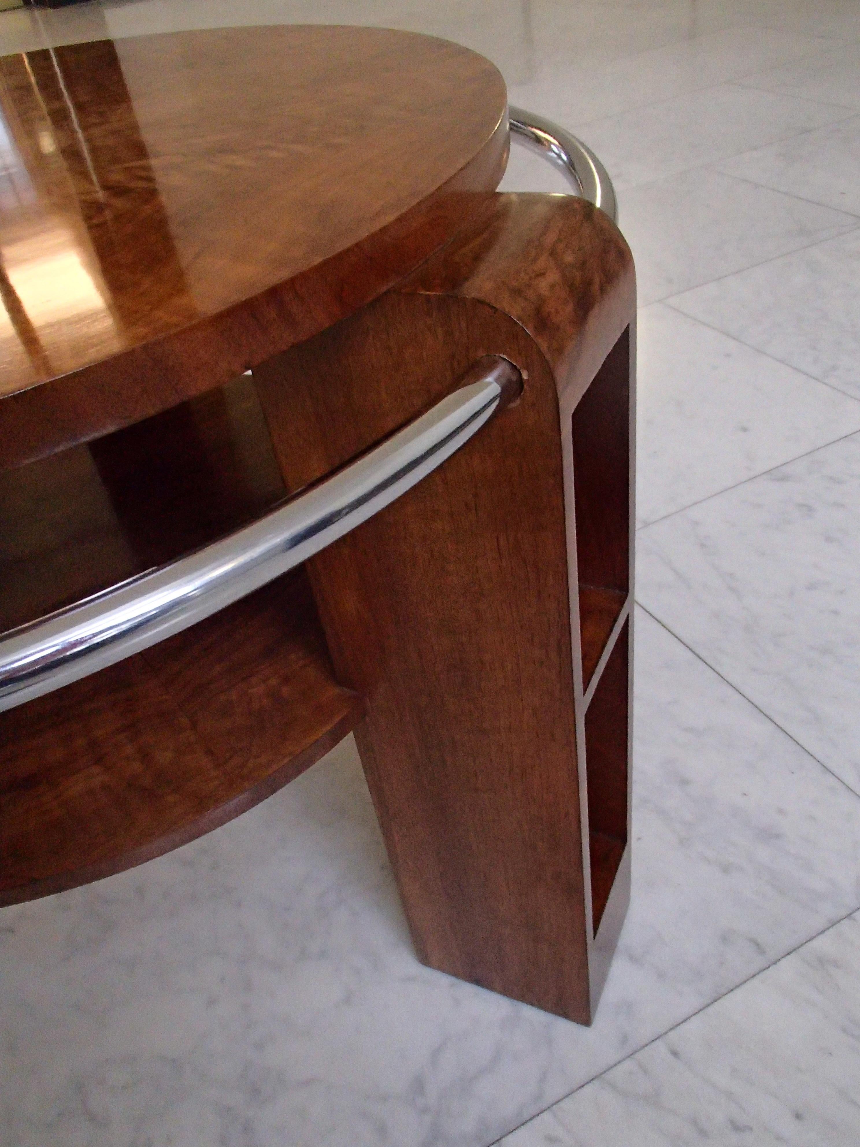 French Art Deco Coffee or Sofa Table Walnut with Chrome Ring and Shelf's in the Legs